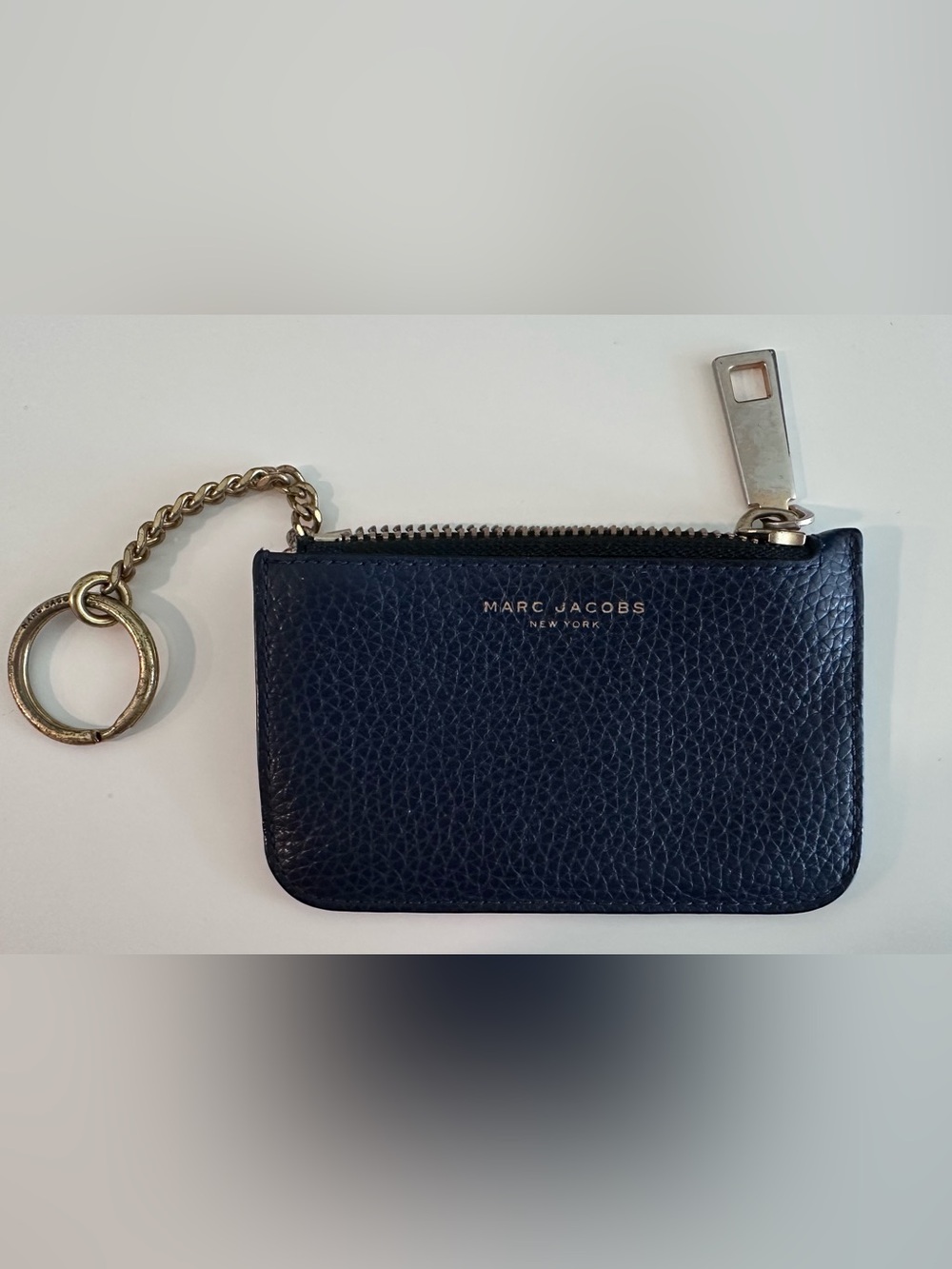 Marc Jacobs Navy Pebbled Leather Zip Card Case with Gold Logo